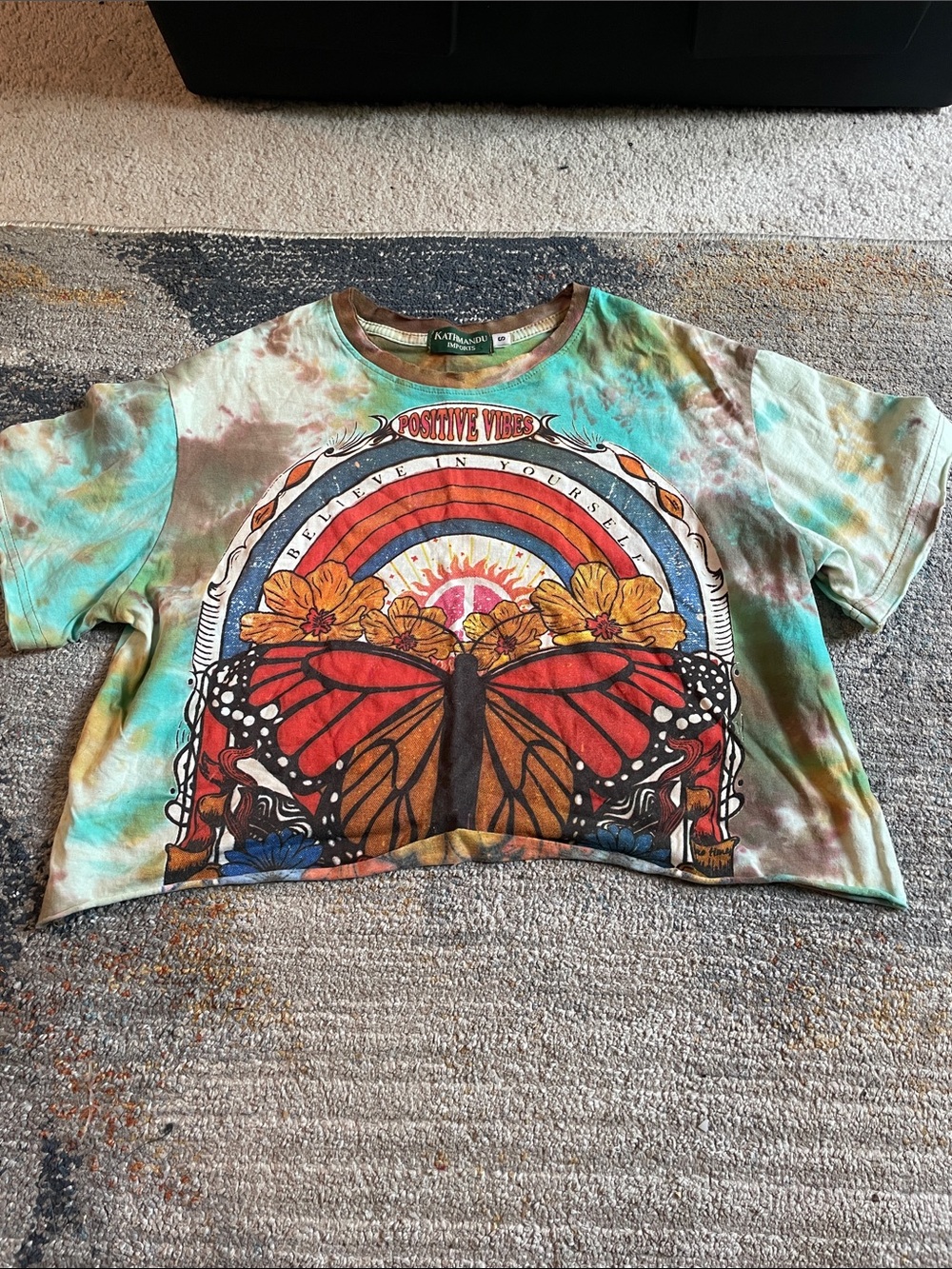 Kathmandu Multicolor Tie-Dye Butterfly Crop Tee - Positive Vibes